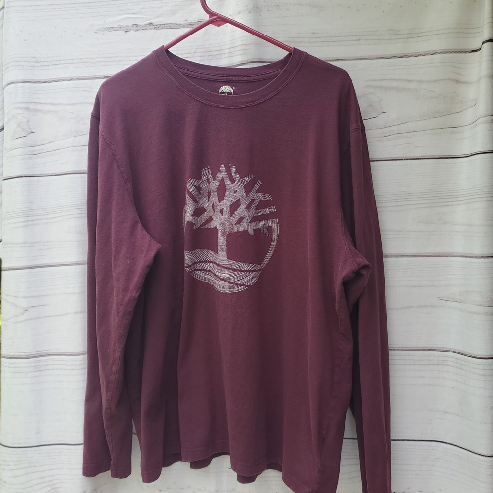 Timberland Mens XL Long Sleeve Graphic Tee Maroon Burgundy Cotton Shirt 5724J